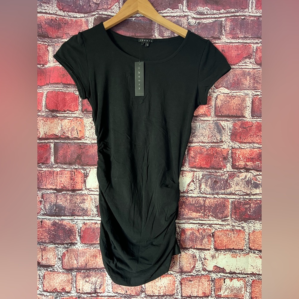 Theory Black Ruched Short Sleeve Mini Dress